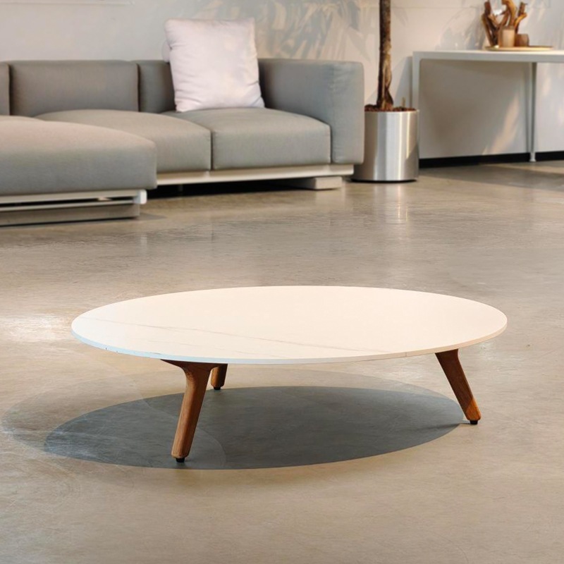 Manutti TORSA Couchtisch Ø100 cm, Teak/ Keramik Marble White